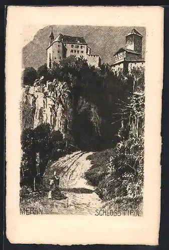 Künstler-AK Meran, Schloss Tirol von der Strasse aus