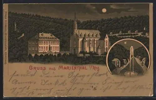 Mondschein-Lithographie Marienthal i. Rhg., Ortsansichten bei Nacht