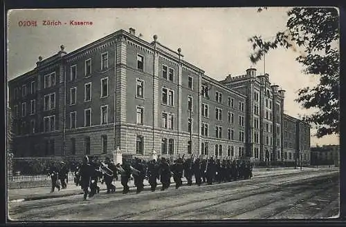 AK Zürich, Kaserne mit Strasse und Militärmarsch mit Musik