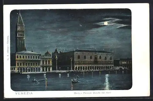 Mondschein-AK Venezia, Molo e Palazzo Ducale dal mare