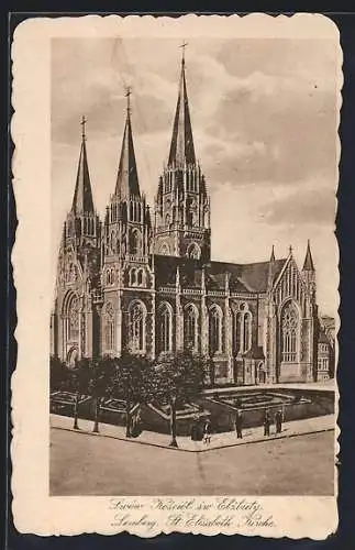 AK Lemberg, St. Elisabeth-Kirche mit Strassenpartie