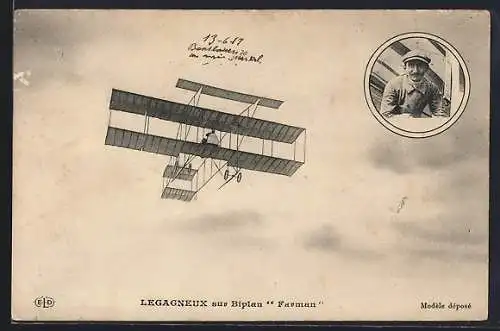 AK Legagneux sur Biplan Farman