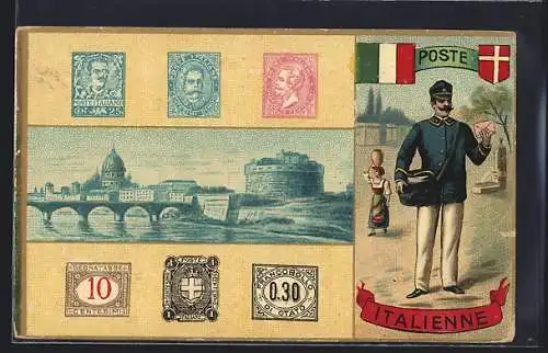 AK Poste Italienne, Briefträger und Briefmarken