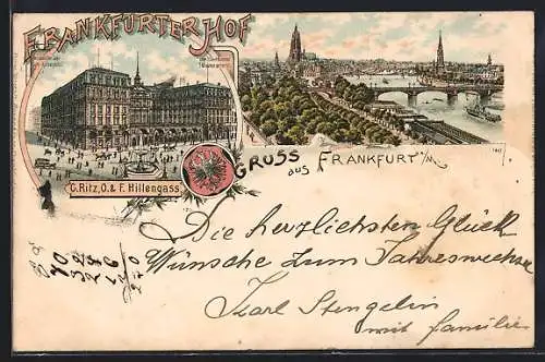 Vorläufer-Lithographie Frankfurt a. M., 1895, Hotel Frankfurter Hof, Stadt-Panorama