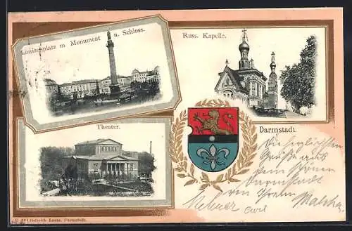 AK Darmstadt, Russ. Kapelle, Louisenplatz mit Monument & Schloss, Theater