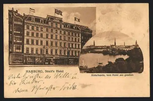 AK Hamburg, Streit's Hotel, Alsterbassin vom Hotel aus gesehen