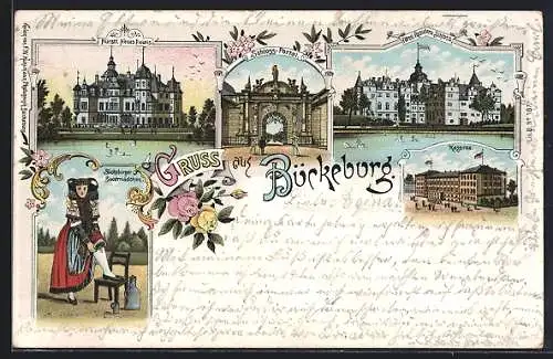 Lithographie Bückeburg, Kaserne, Fürstl. Neues Palais, Bauernmädchen in Tracht