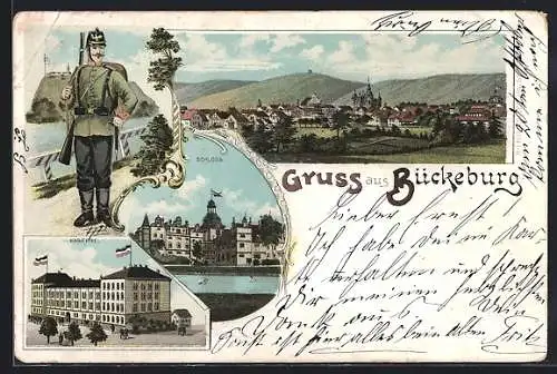 Lithographie Bückeburg, Schloss, Kaserne, Ortsansicht, Soldat in Uniform