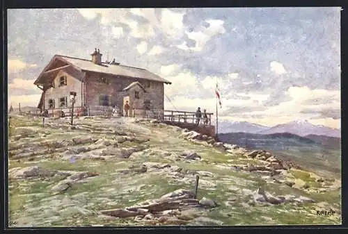 Künstler-AK Wetterkogler-Haus am Hochwechsel, Aussenansicht der Berghütte