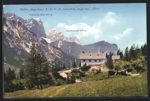 AK Haller Angerhaus /Tirol, Berghütte der AVS Schwaben mit Bergspitzen und Strasse