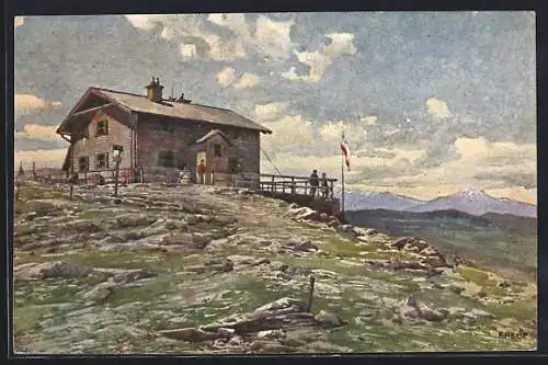 Künstler-AK Wetterkogler-Haus am Hochwechsel, Aussenansicht der Berghütte