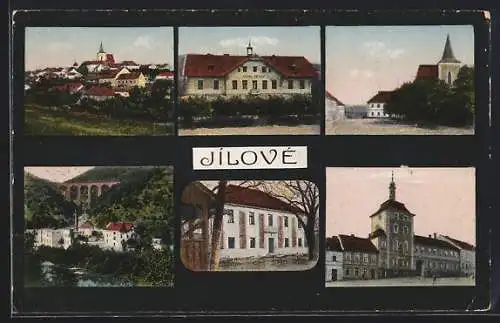 AK Jílové, Hotel Hradek, Ortspartie mit Viadukt, Marktplatz mit Kirche