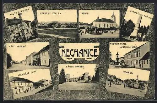 AK Nechanice, Husova Ulice, Kostel, Husuv Pomnik, Cást Námesti, Palackého Ulice