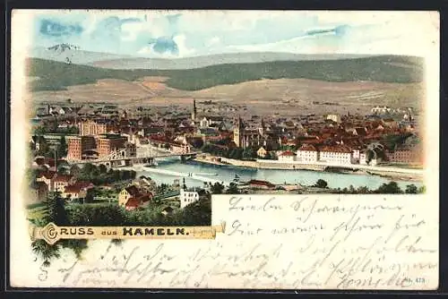 Künstler-AK Hameln, Teilansicht mit Brücke