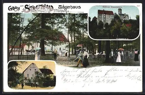 AK Frohburg, Gasthaus Jägerklause im Streitwald mit Burg Gnandstein