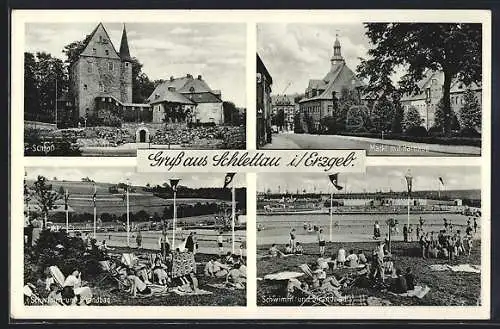 AK Schlettau / Erzgeb., Schloss, Schwimmbad und Markt mit Rathaus