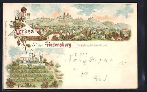Lithographie Radebeul-Niederlössnitz, Friedensburg und Generalansicht