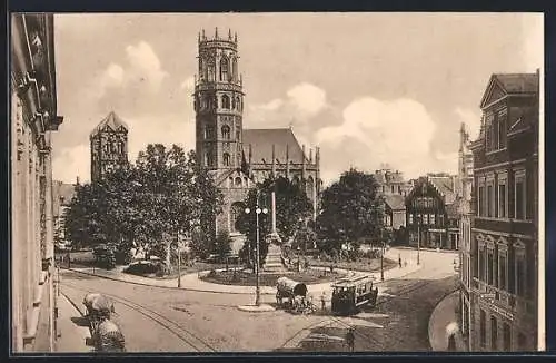 AK Münster / Westfalen, Marienplatz mit Geschäft, Kirche und Strassenbahn