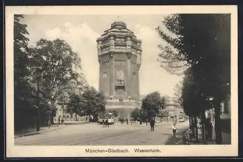 AK M. Gladbach, Strassenpartie & Strassenbahn am Wasserturm