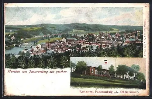 AK Werden, Restaurant Pastoratsberg L. Scheidtmann, Ortsansicht v. Pastoratsberg aus gesehen