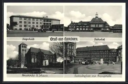 AK Hamborn / Rhein, Bergschule, Rathaus, Bahnhof