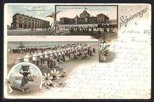 Lithographie Scheveningue, Kurhaus, Hotel des Galeries, Standkörbe, Frau in Tracht mit typischen Holzpantoffeln