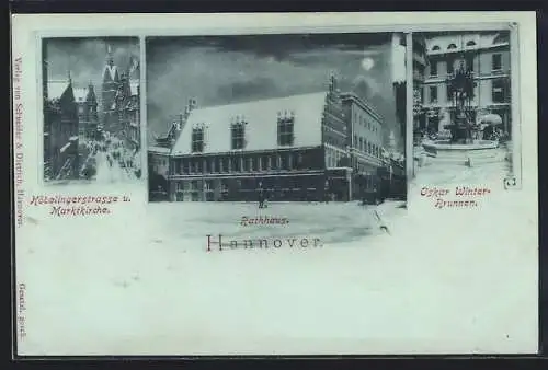 Mondschein-AK Hannover, Rathaus, Köbelingerstrasse und Oskar Winter-Brunnen bei Nacht