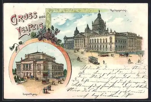 Lithographie Leipzig, Strassenbahn am Reichsgericht, Conzerthaus