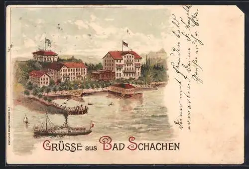 Lithographie Bad Schachen, Gasthaus und Dampfschiff aus der Vogelschau