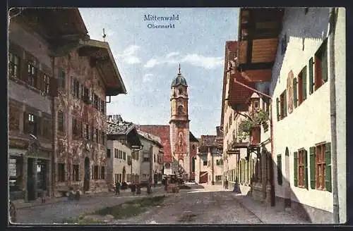 AK Mittenwald, Partie am Obermarkt mit Blick auf Kirche