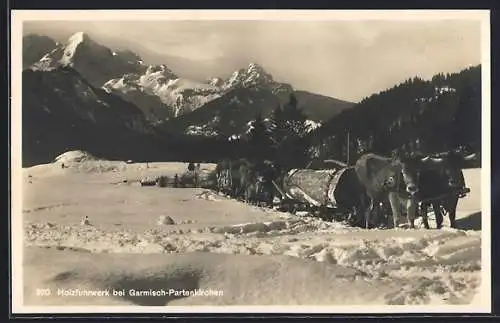 AK Garmisch-Partenkirchen, Holzfuhrwerk im Schnee mit Blick auf Gebirge