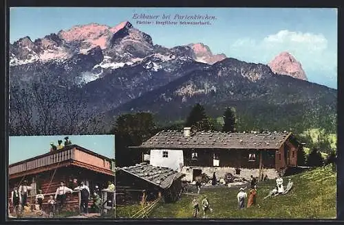 AK Partenkirchen, Gasthaus Eckbauer mit Gebirge im Hintergrund