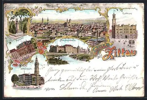 Lithographie Zittau, Gesamtansicht, Rathaus, Mandaukaserne, Johanneum