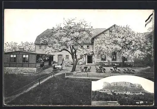 AK Königstein / Elbe, Gasthaus mit Garten, Ortsansicht, rückseitig Landkarte