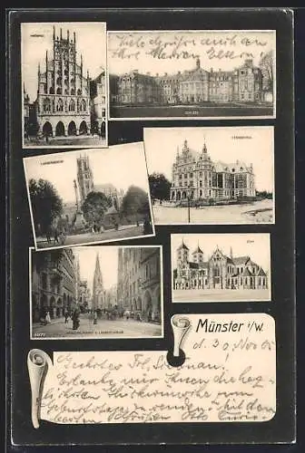 AK Münster i. W., Prinzipalmarkt u. Lambertikirche, Lugderikirche, Dom, Schloss