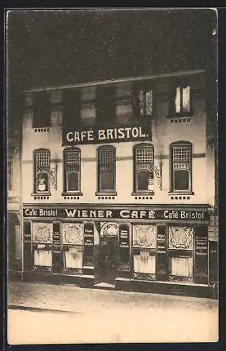 AK Crefeld, Cafe Bristol / Wiener Cafe, illuminierte Fassade bei Nacht