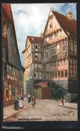 Künstler-AK Hildesheim, Gasthaus Domschenke mit Strasse