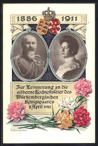 AK Württembergisches Königspaar, Anlasskarte silberne Hochzeit 1911, Portraits, Wappen, Krone, Blumen