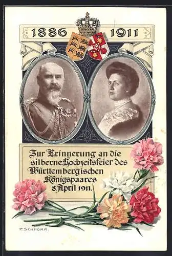 AK Das Württembergische Königspaar, Silber-Hochzeit, 8.4.1911, Nelken, 1886-1911