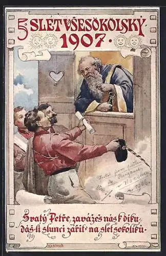 Künstler-AK 5. Slet Vsesokolský 1907, Turner vor dem heiligen Petrus, Sokol