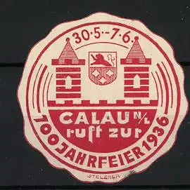 Reklamemarke Calau, 700 Jahrfeier 1936, Stadttor und Wappen