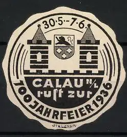 Reklamemarke Calau, 100 Jahrfeier 1936, Stadttor und Wappen