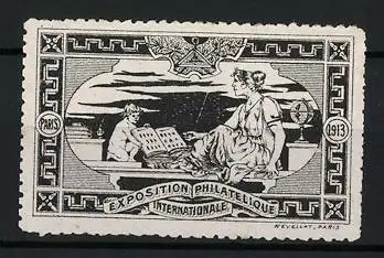 Reklamemarke Paris 1913, Exposition Philatélique Internationale, Frau mit Briefmarkenalben