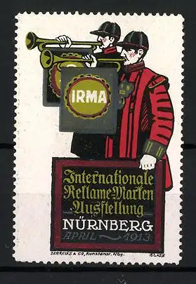 Künstler-Reklamemarke Franz Paul Glass, Nürnberg, Internationale Reklame-Marken Ausstellung April 1913, Trompeter