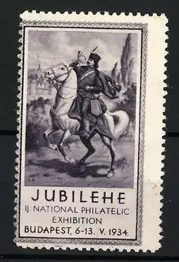 Reklamemarke Budapest, JUBILEHE II. National Philatelic Exhibition, Reiter auf Pferd, 1934