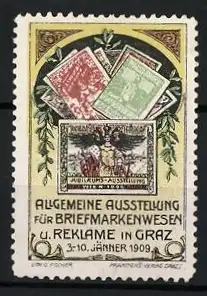 Reklamemarke Graz, Allgemeine Ausstellung für Briefmarkenwesen 1909, Briefmarken und Lorbeerkranz