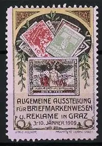 Reklamemarke Graz, Allgemeine Ausstellung für Briefmarkenwesen, 3-10. Jänner 1909, Adler und Briefmarken