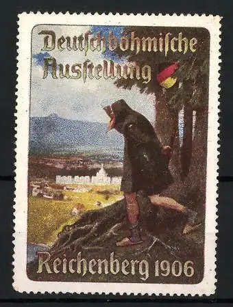 Reklamemarke Reichenberg, Deutsch-böhmische Ausstellung, Wanderer vor Landschaft (1906)