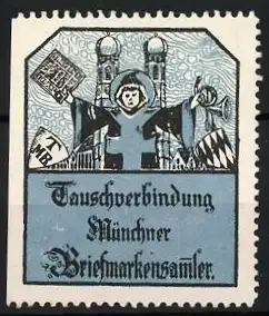 Reklamemarke München, Tauschverbindung Münchner Briefmarkensammler, Münchner Kindl mit Fahnen