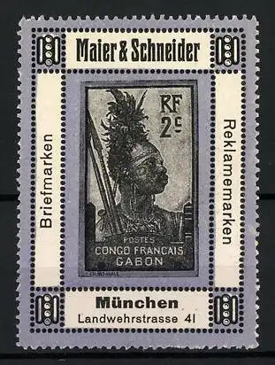 Reklamemarke München, Maier &amp Schneider, Briefmarken &amp Reklamemarken, Briefmarke Congo - Gabun Krieger